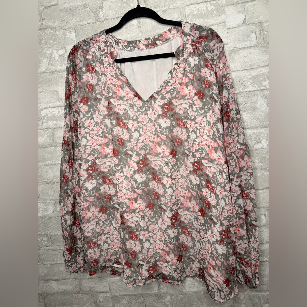 Size 3XL Womens Multicolor V-Neck Pleated Back Long Sleeve Top
